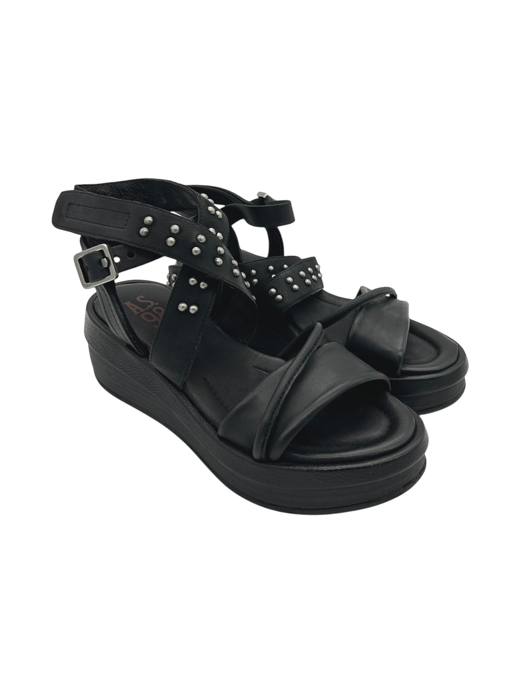 Sandalo in pelle zeppa donna AS98 Nero   - C02001 -